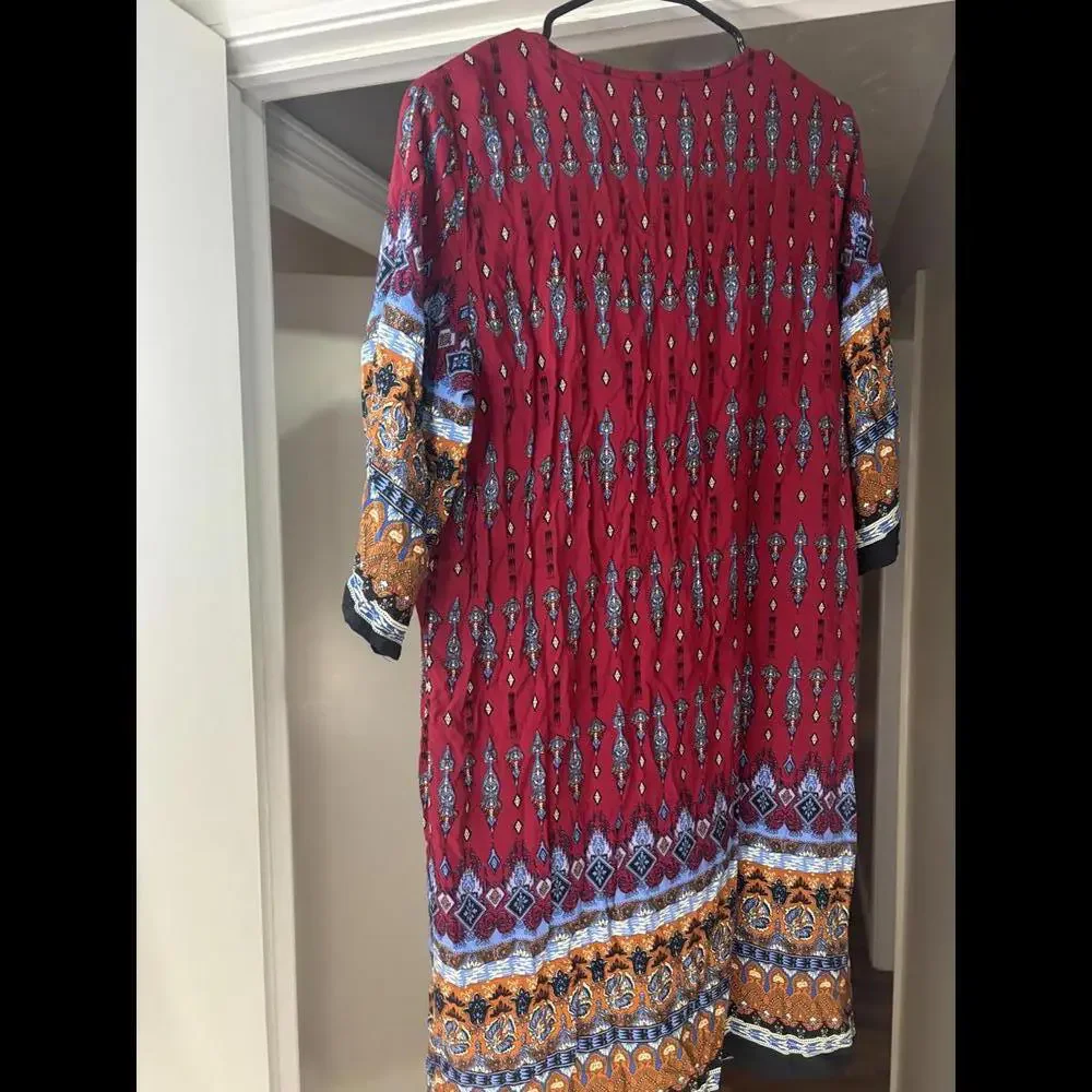 Halife Boho Chic Tunic Dress - Vibrant Red & Colorful Print - Picture 3 of 3